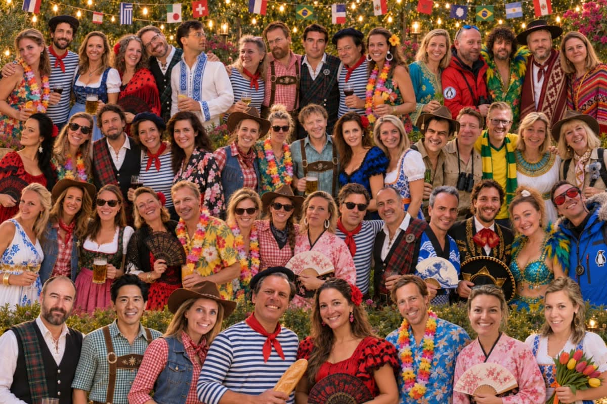 Een feestende groep gasten, verkleed als hun favoriete vakantiebestemming